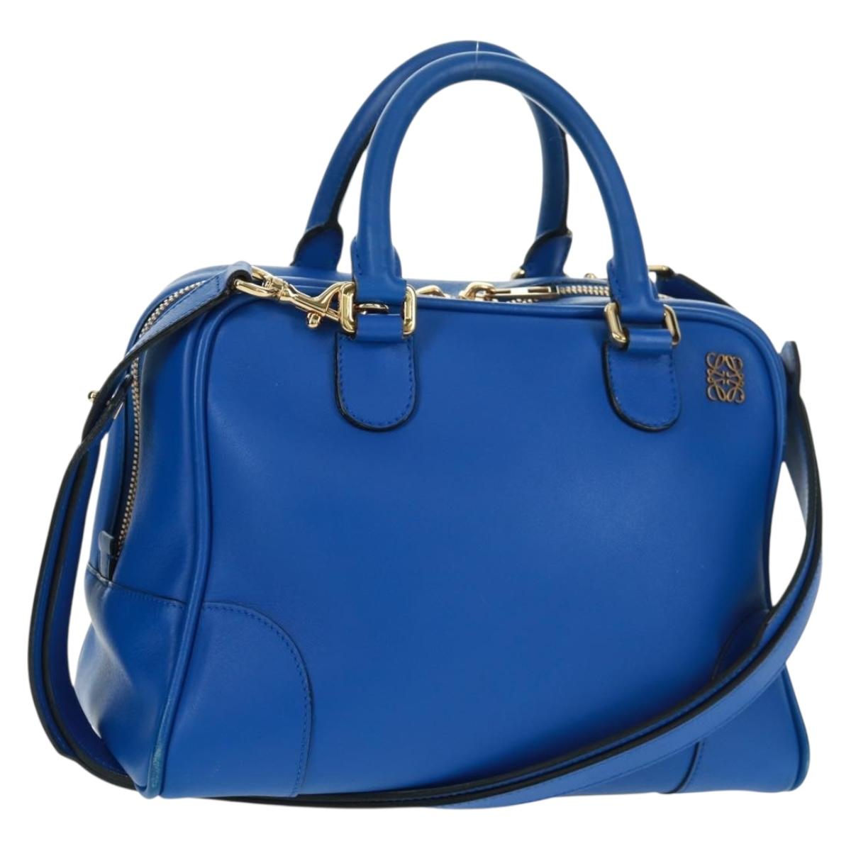 LOEWE Anagram Amazona 75 Hand Bag Leather 2way Blue Gold Auth 165412V