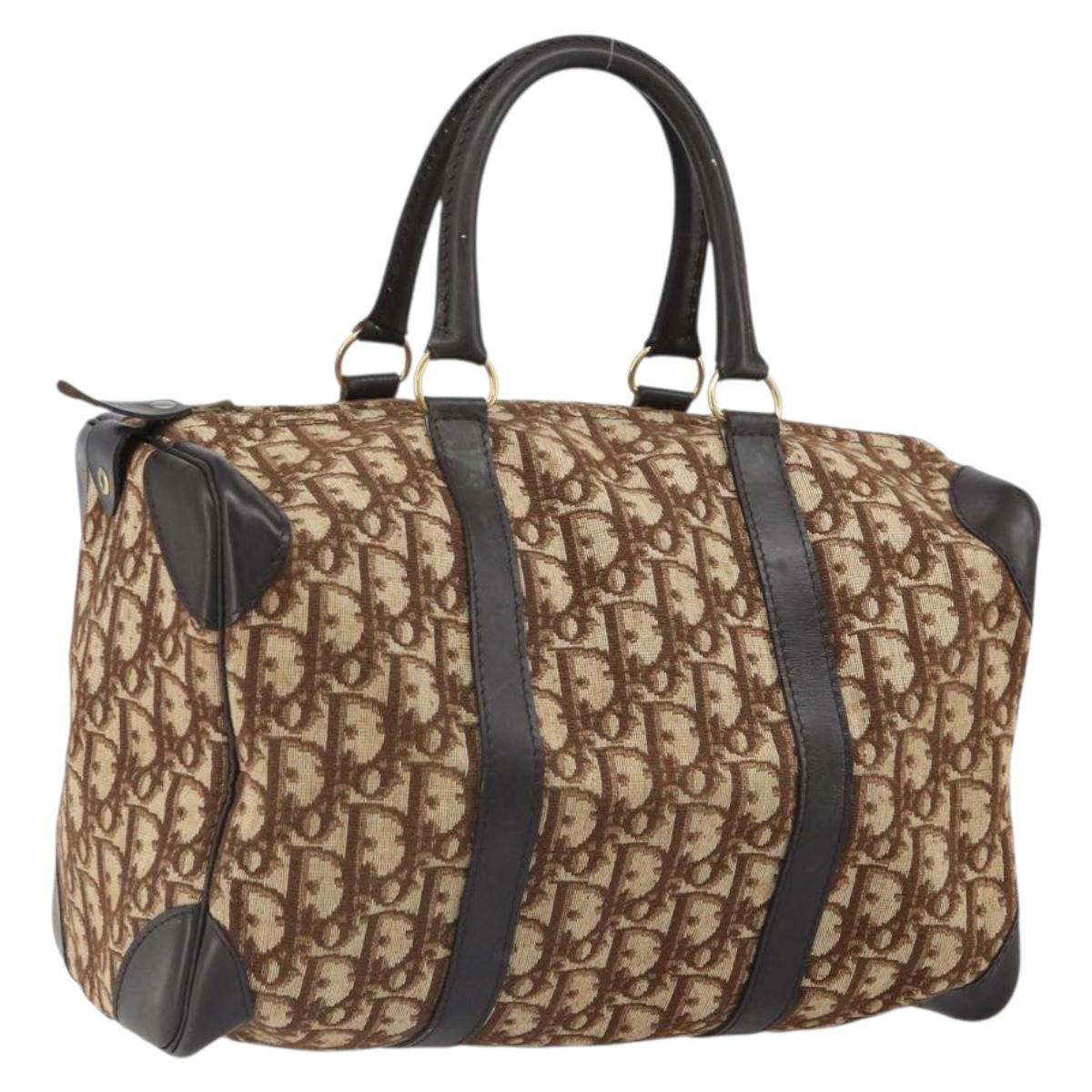 Christian Dior Trotter Canvas Boston Bag Beige Gold Auth 165414