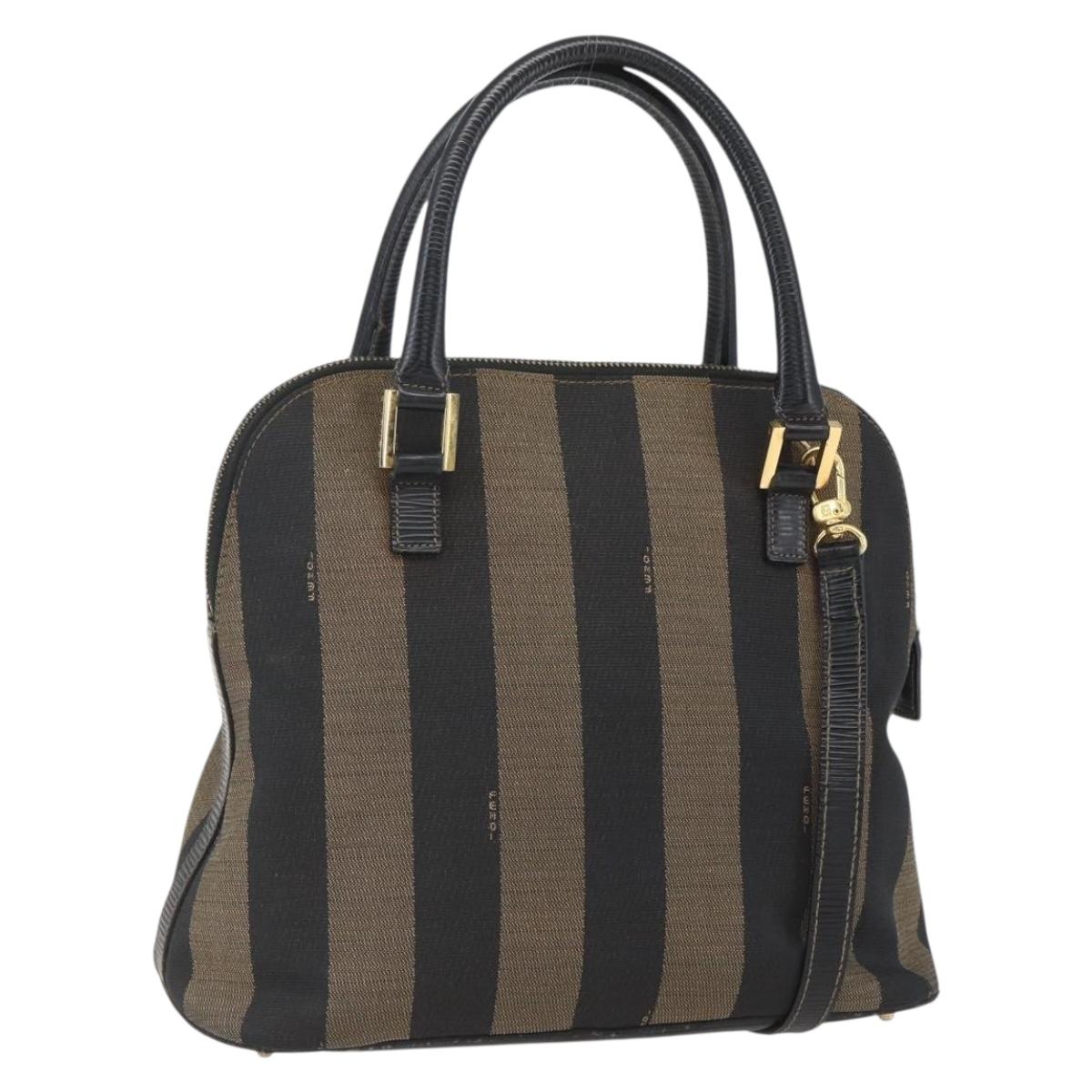 FENDI Pecan Canvas Hand Bag 2way Black Brown gold Auth 165418