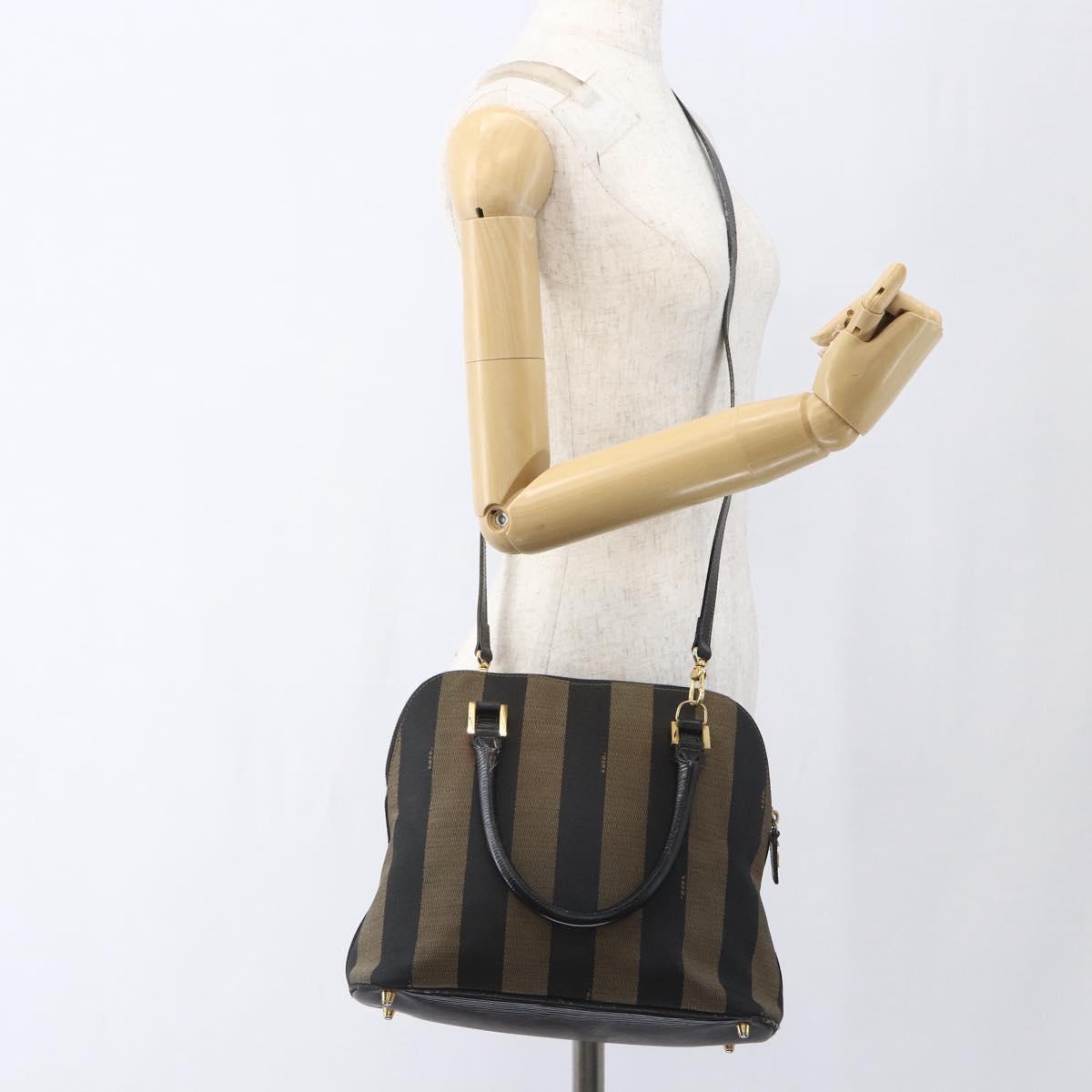 FENDI Pecan Canvas Hand Bag 2way Black Brown gold Auth 165418