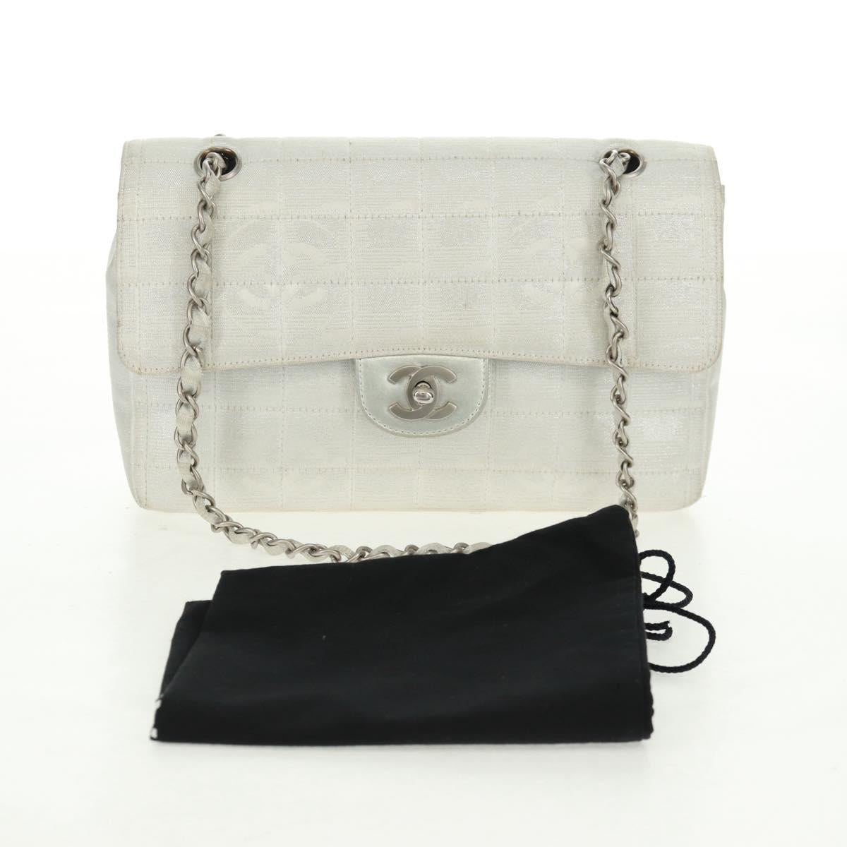 CHANEL New Travel line Choco Bar 25 Chain Bag Nylon Silver CC Auth 165427V