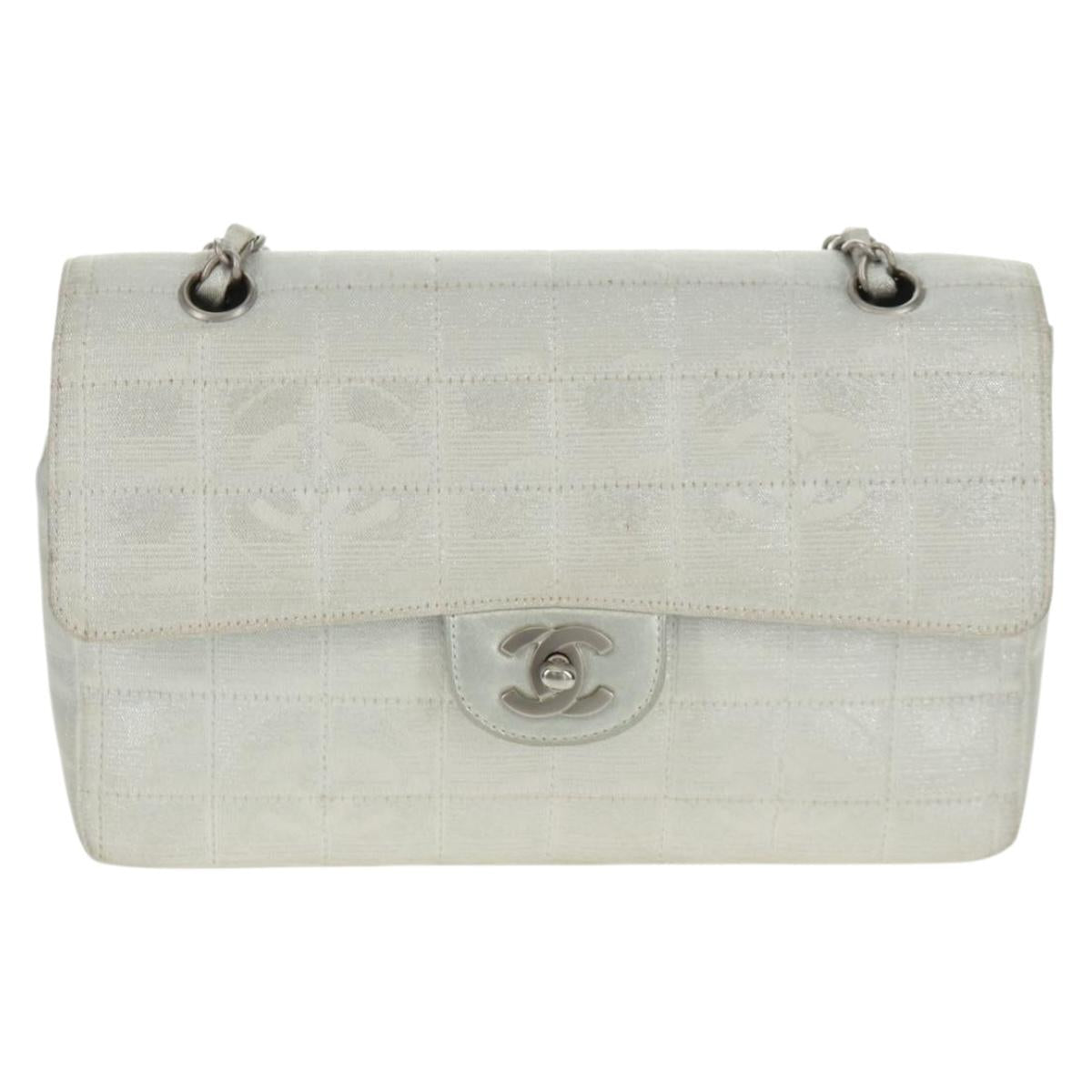 CHANEL New Travel line Choco Bar 25 Chain Bag Nylon Silver CC Auth 165427V