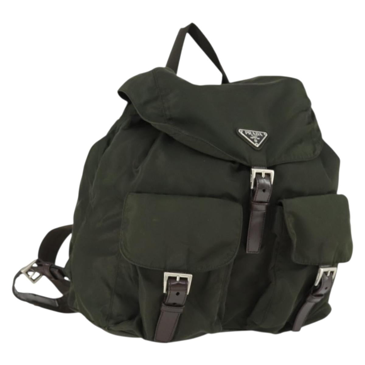 PRADA Backpack Nylon Khaki Silver Auth 165432