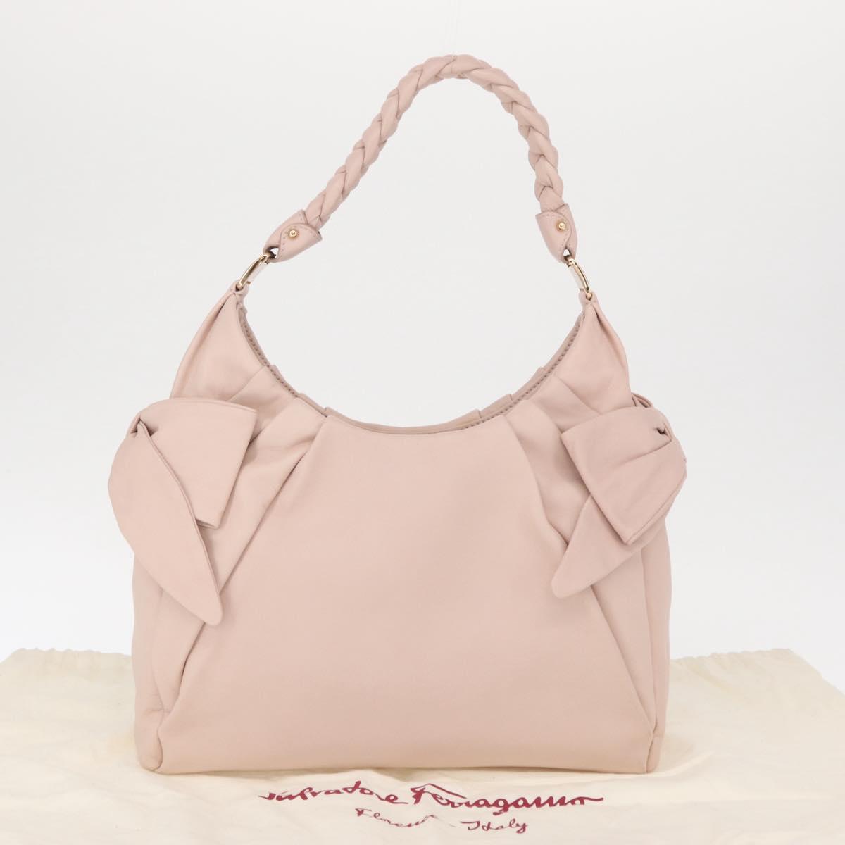 Salvatore Ferragamo Vala Ribbon Shoulder Bag Leather Pink Gold Auth 165457