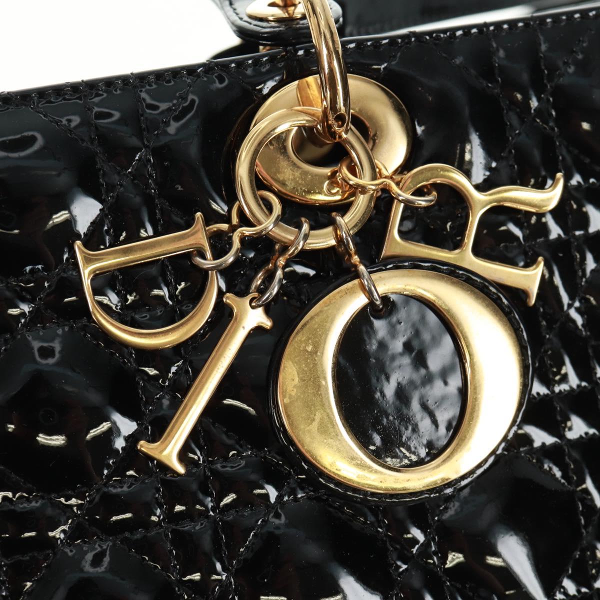 Christian Dior Lady Dior Canage Hand Bag Patent 2way Black Gold Auth 165472V