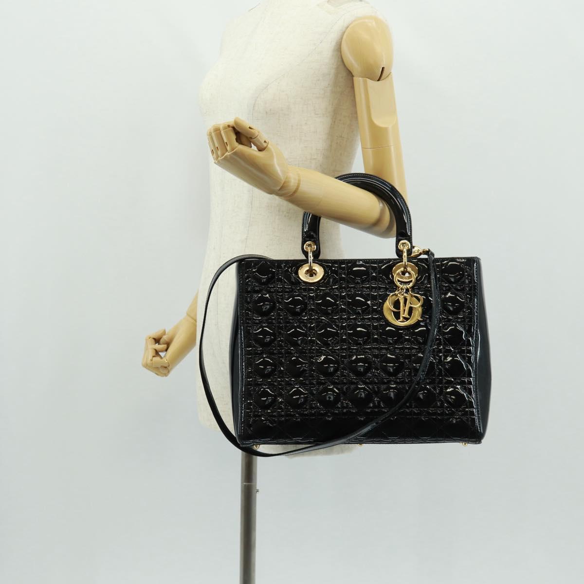 Christian Dior Lady Dior Canage Hand Bag Patent 2way Black Gold Auth 165472V