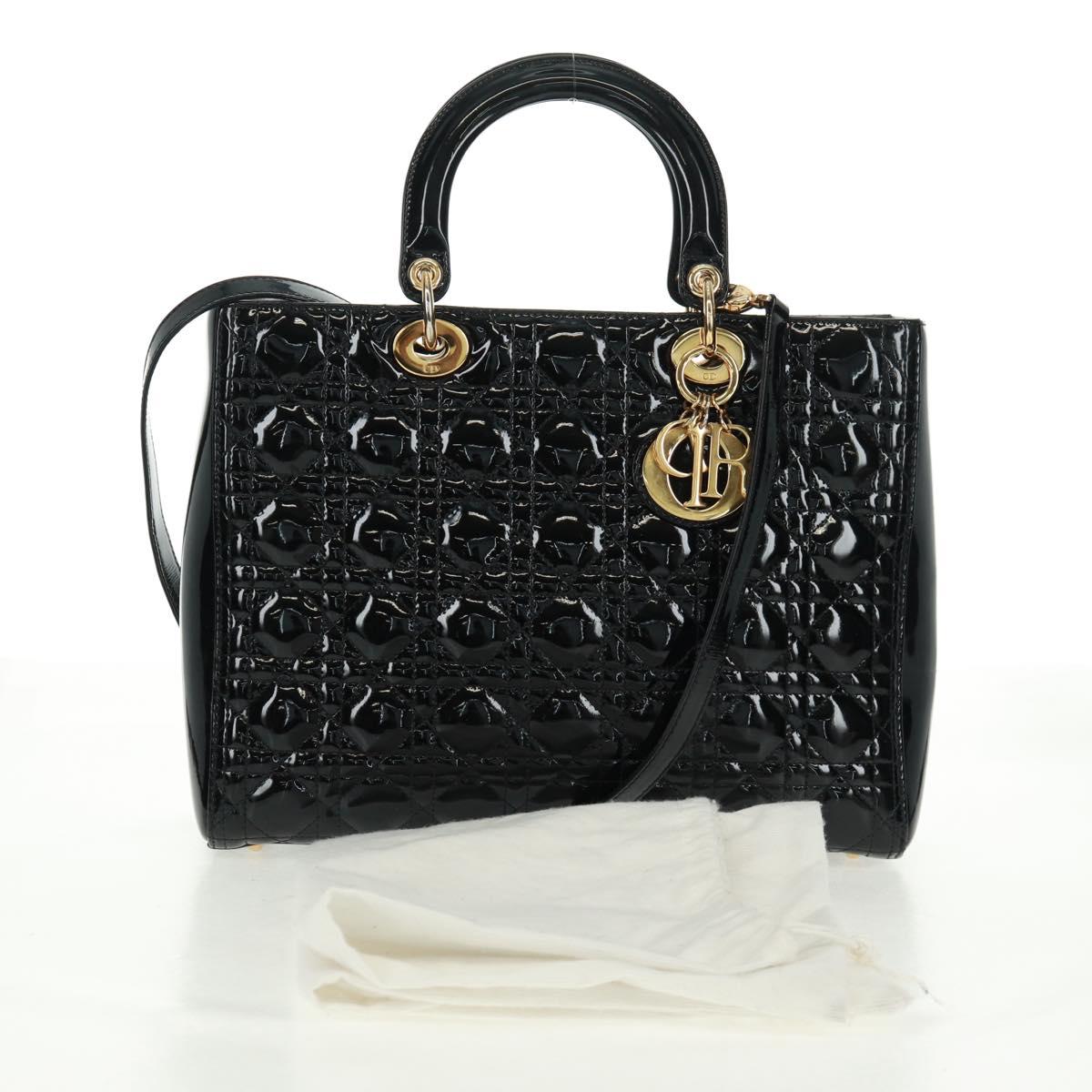 Christian Dior Lady Dior Canage Hand Bag Patent 2way Black Gold Auth 165472V
