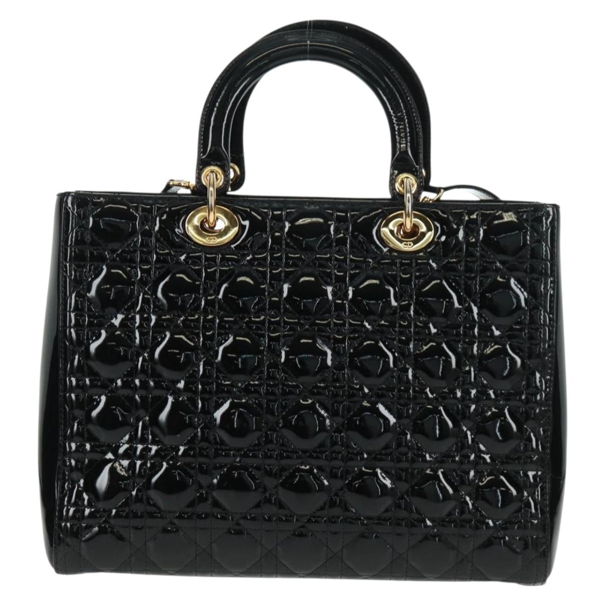 Christian Dior Lady Dior Canage Hand Bag Patent 2way Black Gold Auth 165472V