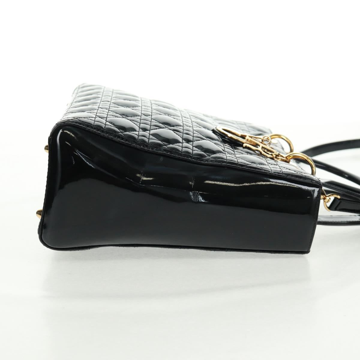 Christian Dior Lady Dior Canage Hand Bag Patent 2way Black Gold Auth 165472V
