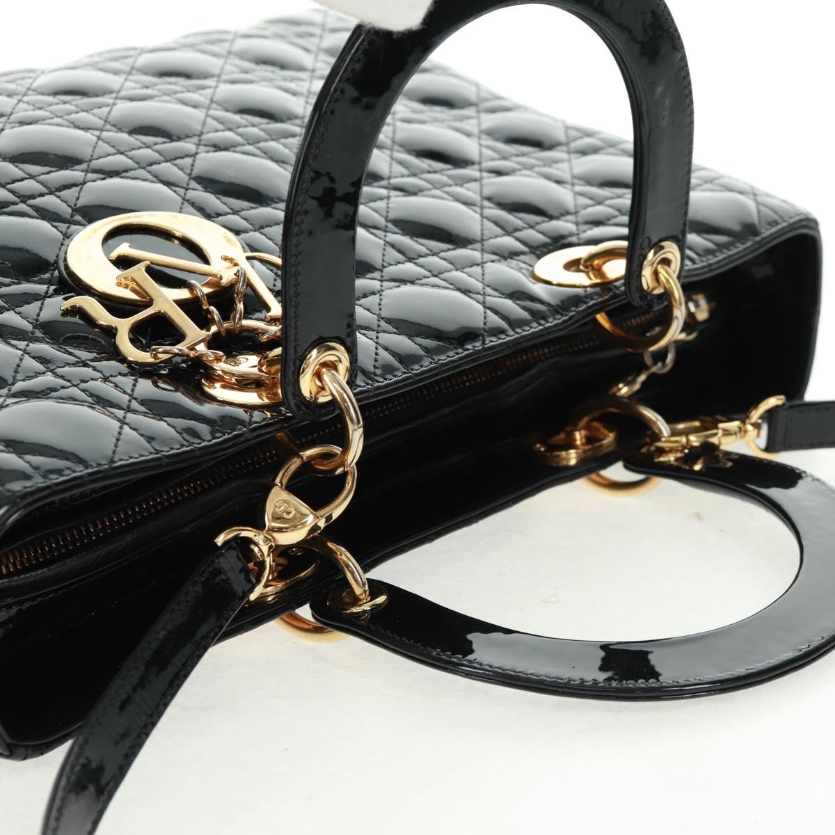 Christian Dior Lady Dior Canage Hand Bag Patent 2way Black Gold Auth 165472V