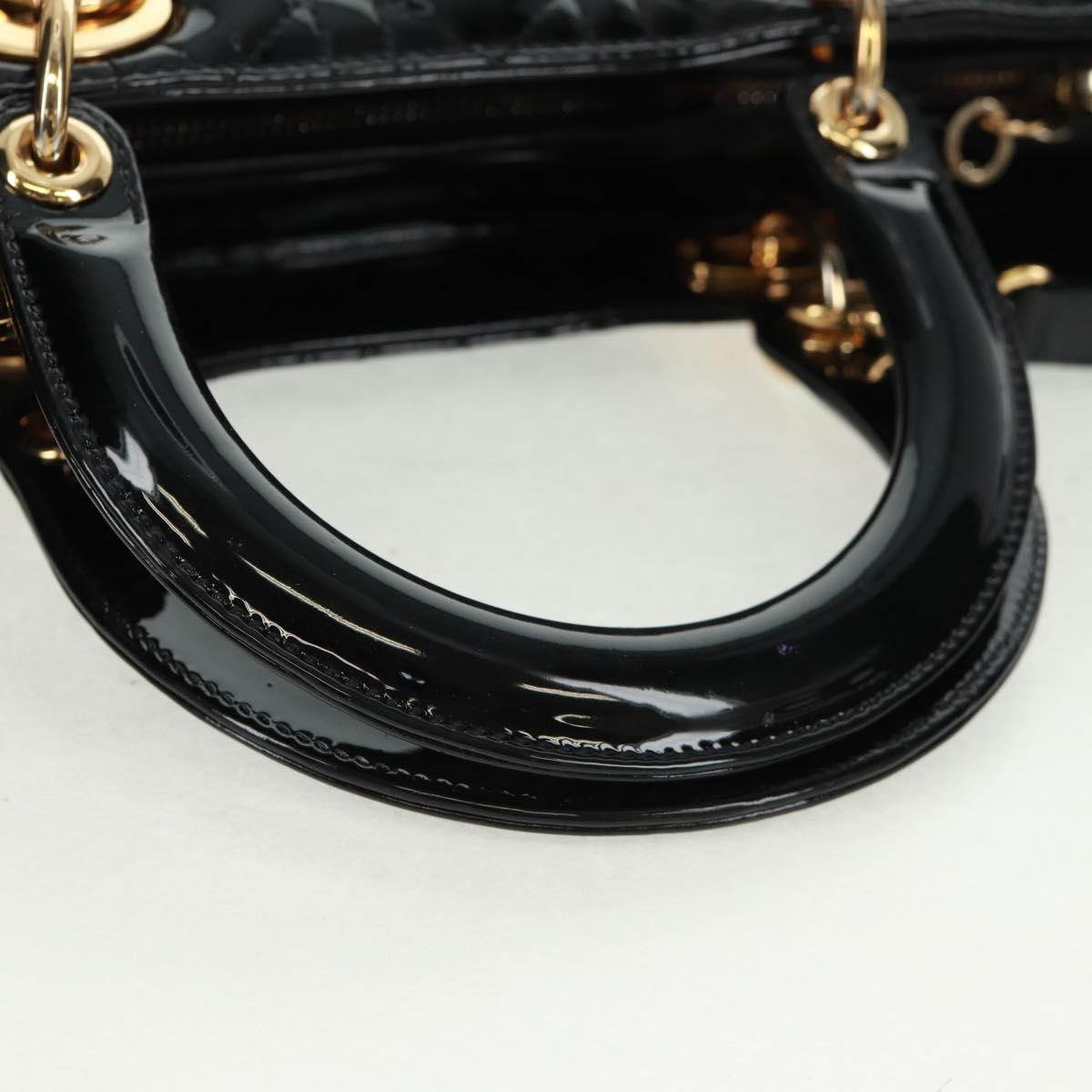 Christian Dior Lady Dior Canage Hand Bag Patent 2way Black Gold Auth 165472V