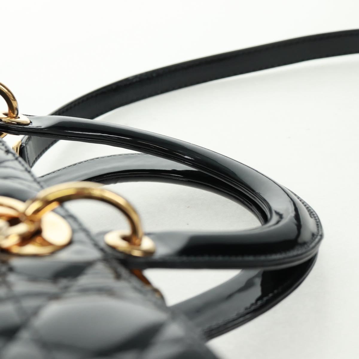 Christian Dior Lady Dior Canage Hand Bag Patent 2way Black Gold Auth 165472V