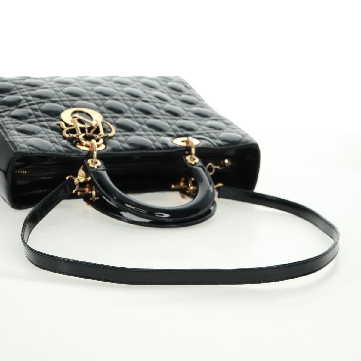 Christian Dior Lady Dior Canage Hand Bag Patent 2way Black Gold Auth 165472V