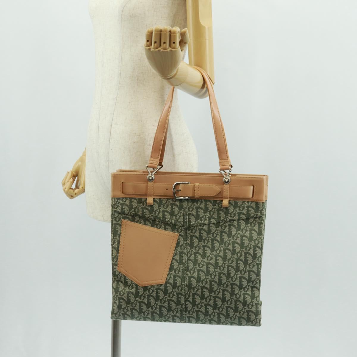 Christian Dior Trotter Canvas Tote Bag Green Silver Auth 165477V