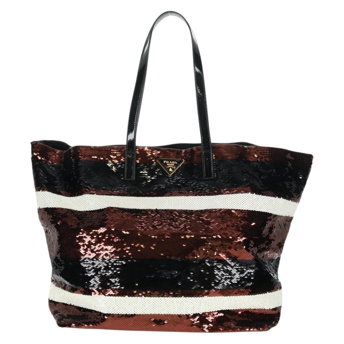 PRADA Sequin Tote Bag Nylon Gold Black Auth 165478V