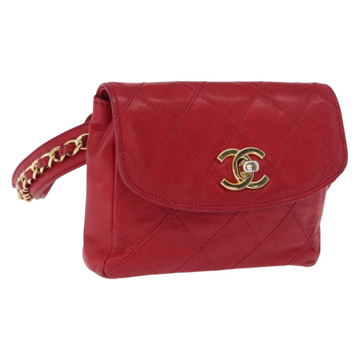 CHANEL Bicolore Waist bag Lamb Skin Red Gold CC Auth 165492