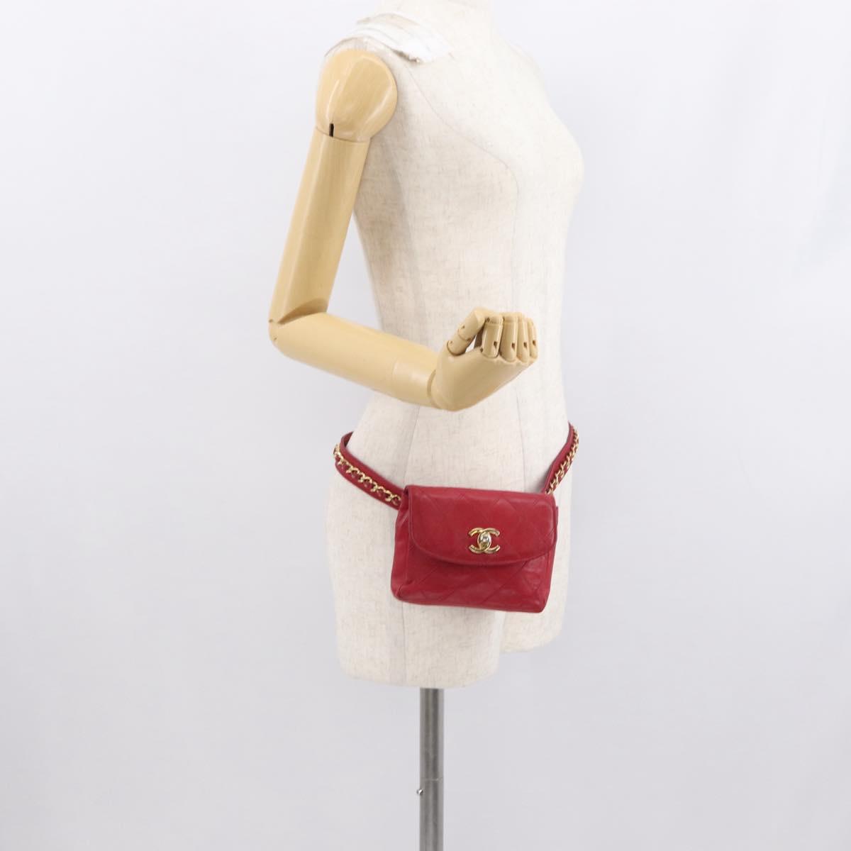 CHANEL Bicolore Waist bag Lamb Skin Red Gold CC Auth 165492