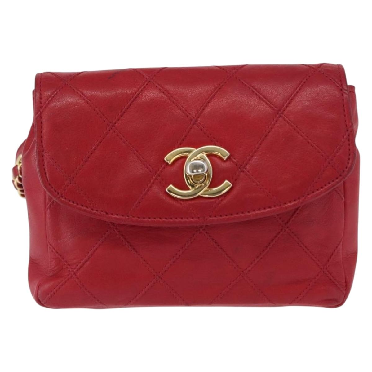 CHANEL Bicolore Waist bag Lamb Skin Red Gold CC Auth 165492