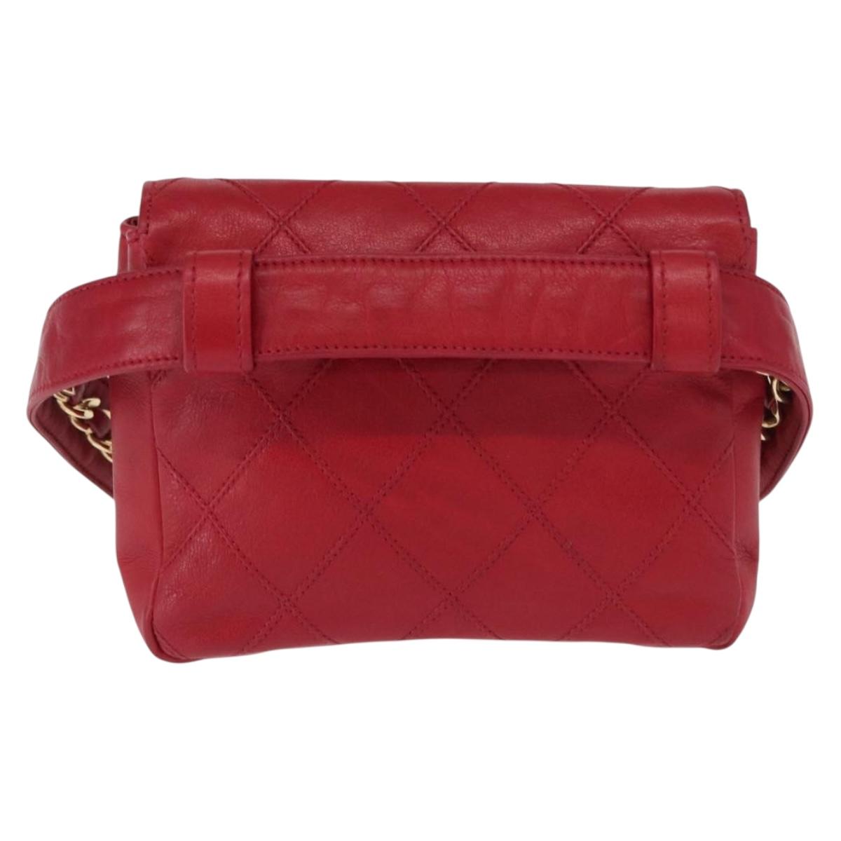 CHANEL Bicolore Waist bag Lamb Skin Red Gold CC Auth 165492