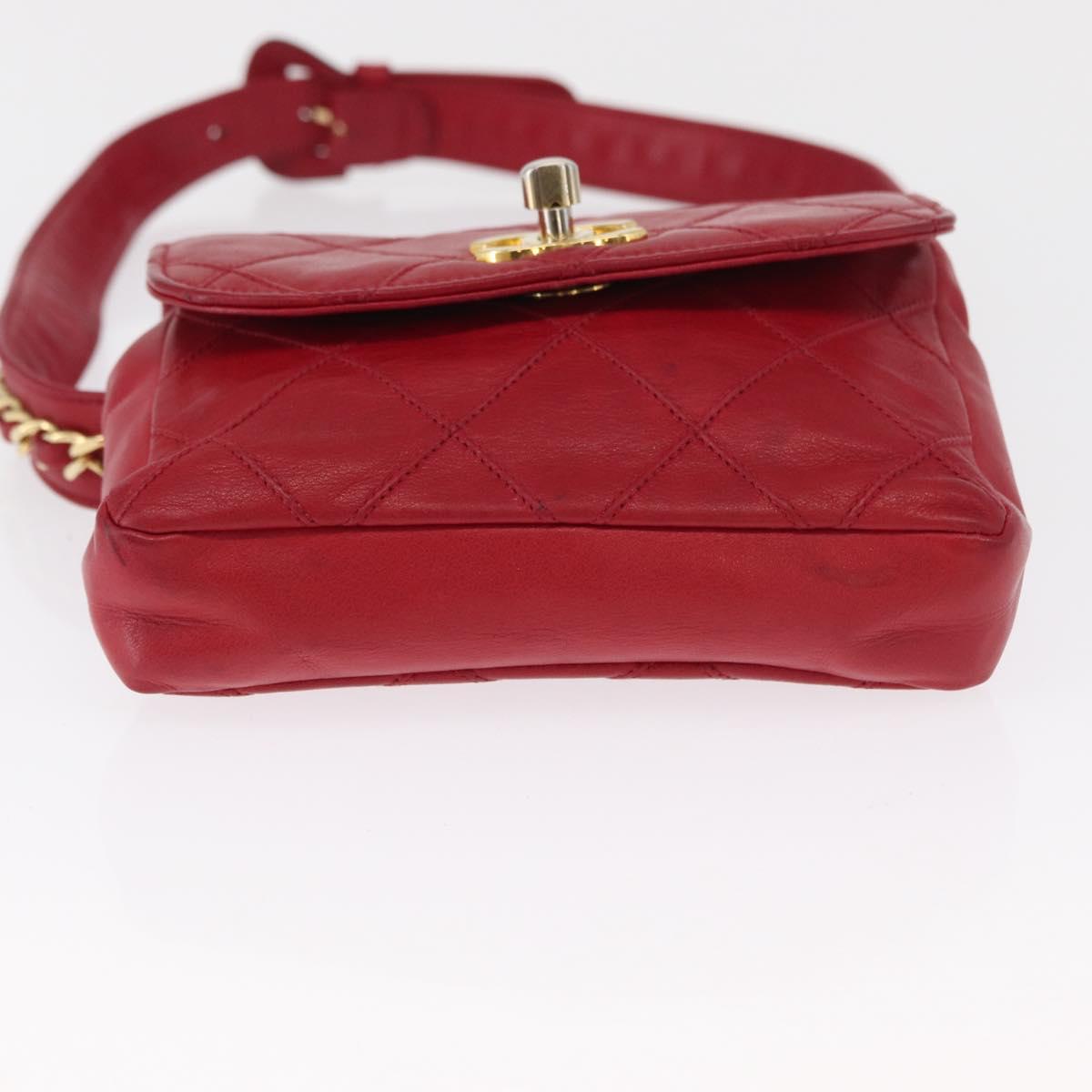 CHANEL Bicolore Waist bag Lamb Skin Red Gold CC Auth 165492