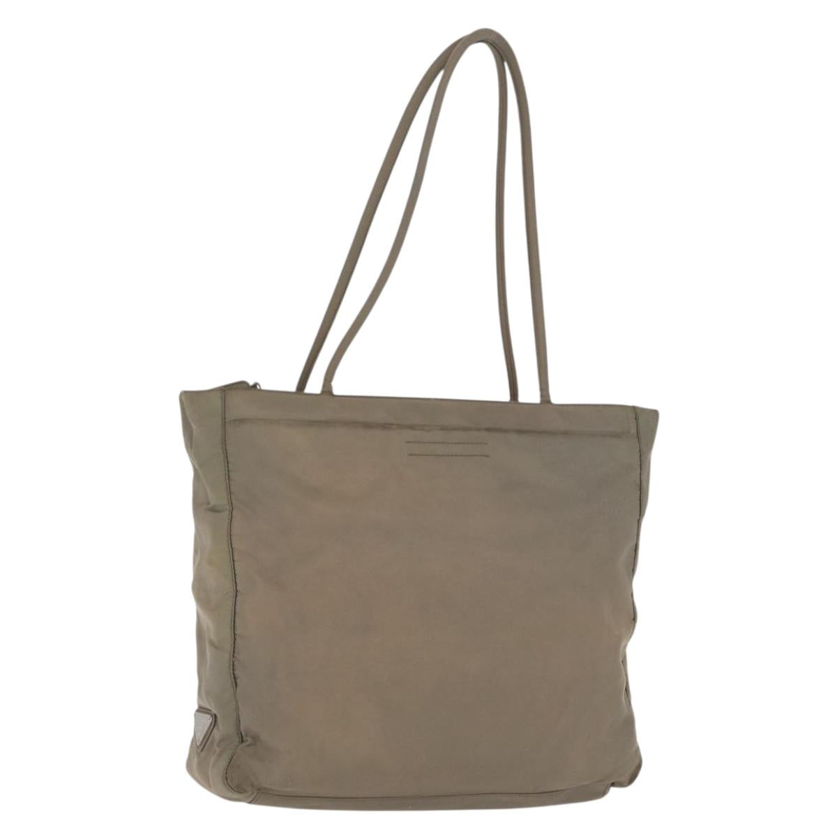 PRADA Tote Bag Nylon Beige Silver Auth 165496