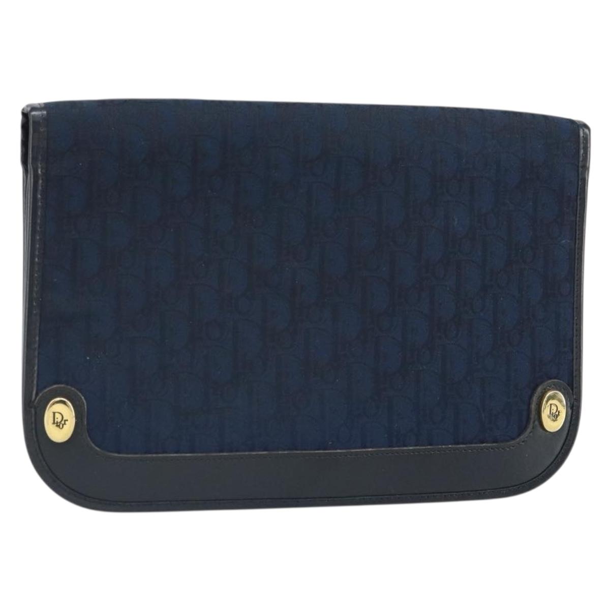 Christian Dior Trotter Canvas Clutch Bag Navy Gold Auth 165497