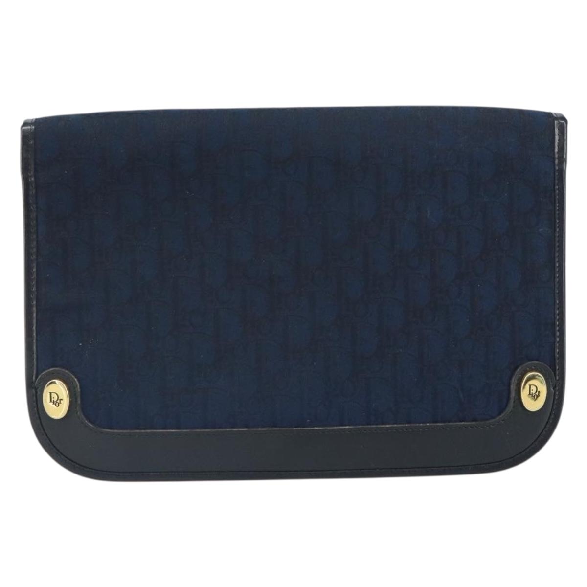 Christian Dior Trotter Canvas Clutch Bag Navy Gold Auth 165497