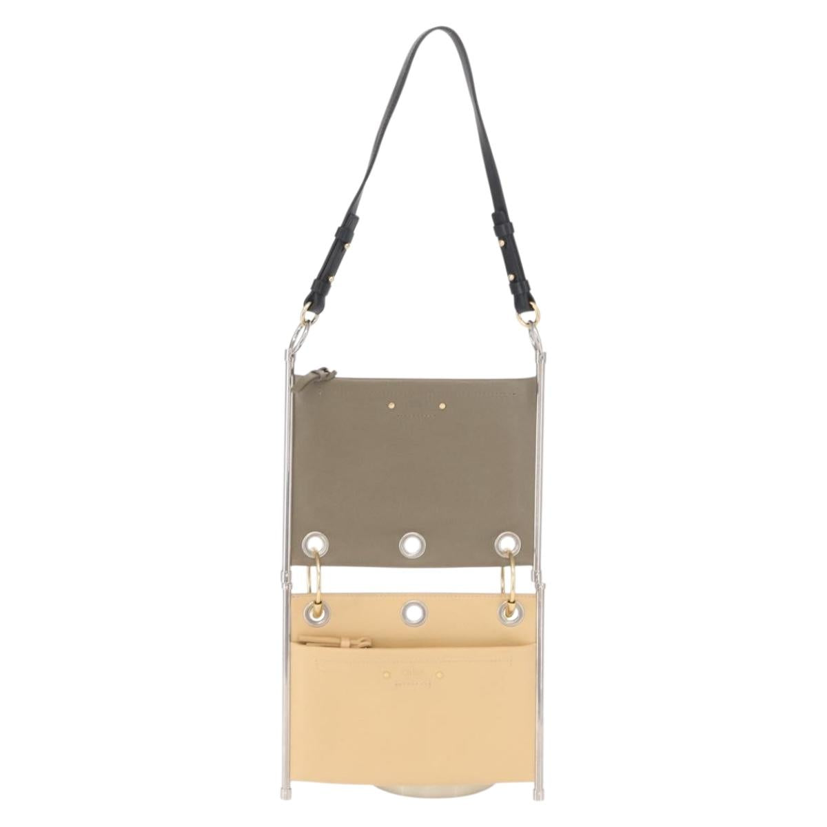 Chloe Roy Double Clutch Shoulder Bag Leather Gray Silver Auth 165505