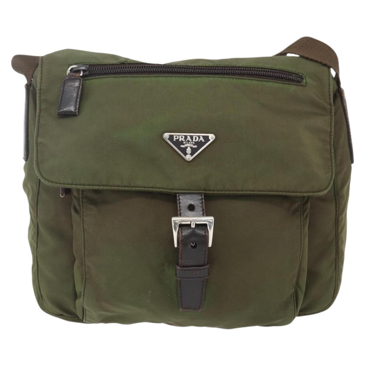 PRADA Shoulder Bag Nylon Khaki Silver Auth 165507