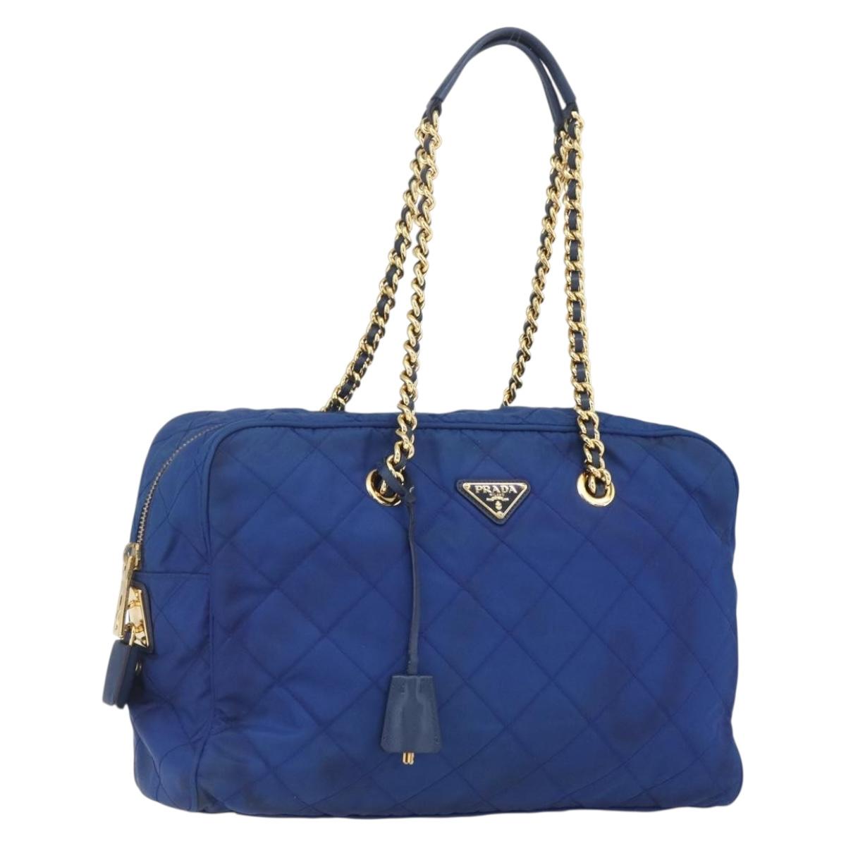 PRADA Chain Shoulder Bag Nylon Blue Gold Auth 165511