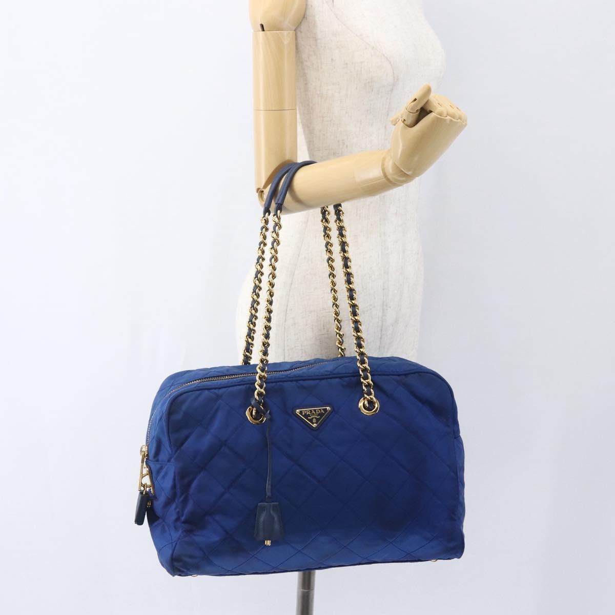 PRADA Chain Shoulder Bag Nylon Blue Gold Auth 165511