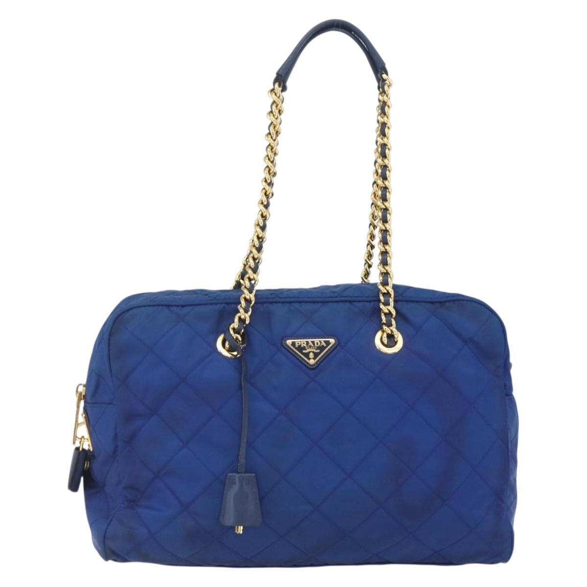 PRADA Chain Shoulder Bag Nylon Blue Gold Auth 165511