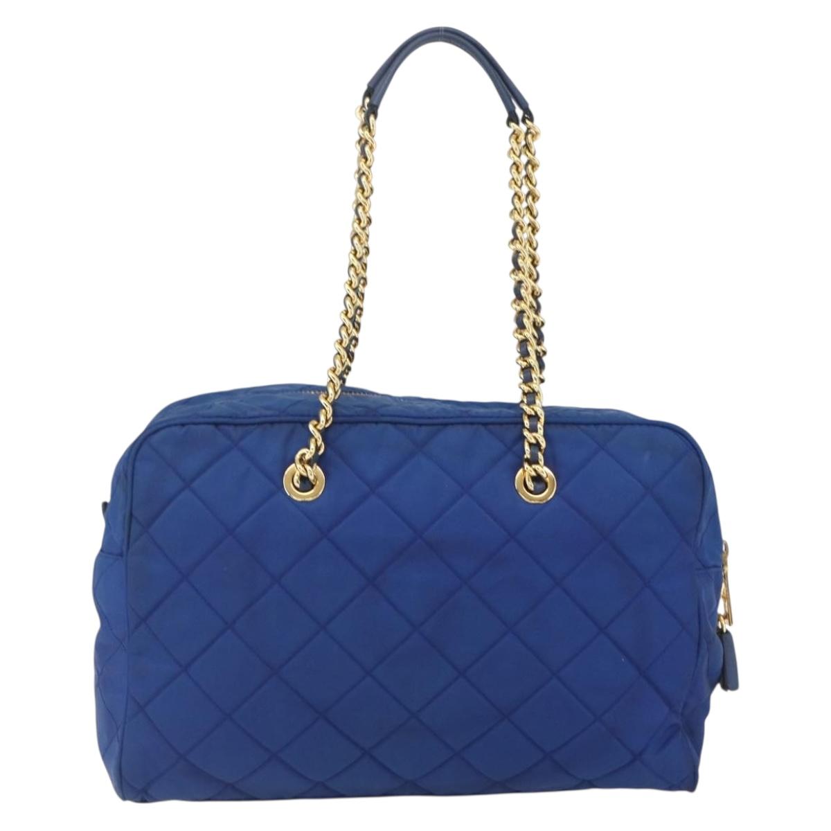 PRADA Chain Shoulder Bag Nylon Blue Gold Auth 165511