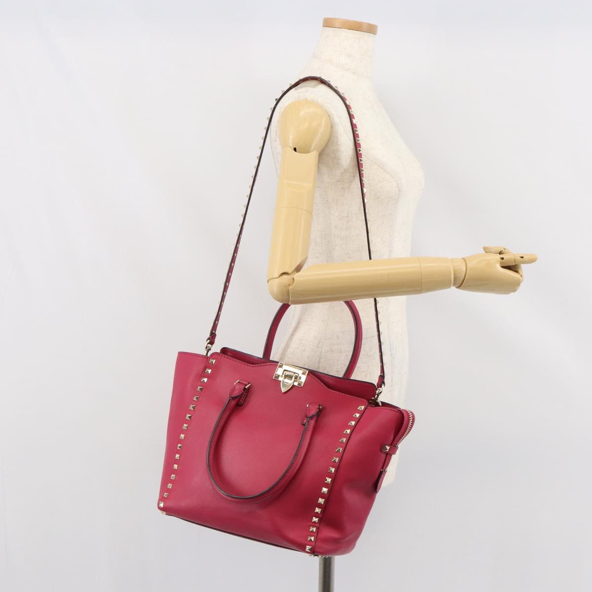 VALENTINO Rock Studs Hand Bag Leather 2way Pink Gold Auth 165535
