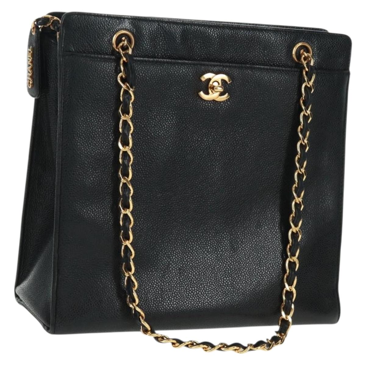 CHANEL Chain Shoulder Bag Caviar Skin Black Gold CC Auth 165539V