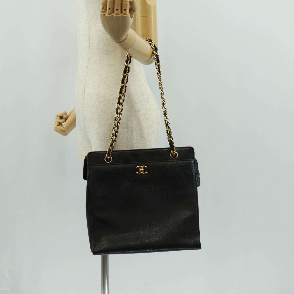 CHANEL Chain Shoulder Bag Caviar Skin Black Gold CC Auth 165539V