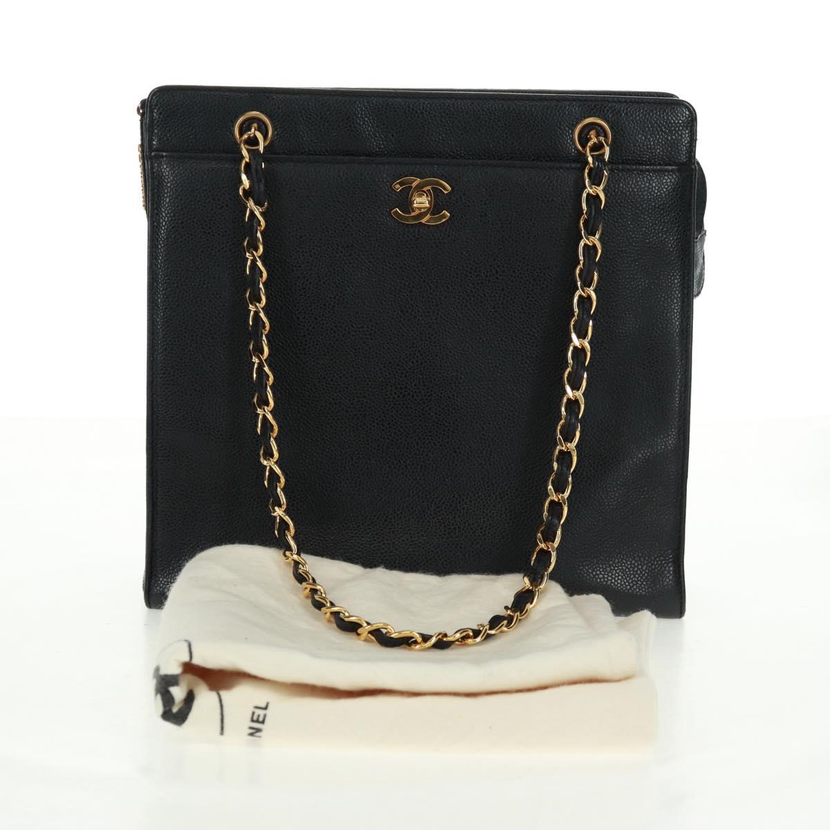 CHANEL Chain Shoulder Bag Caviar Skin Black Gold CC Auth 165539V