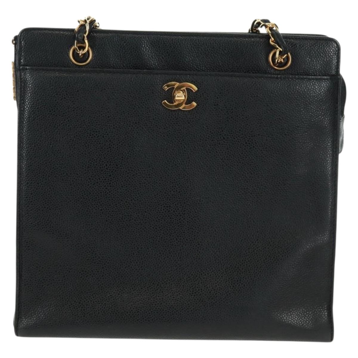 CHANEL Chain Shoulder Bag Caviar Skin Black Gold CC Auth 165539V