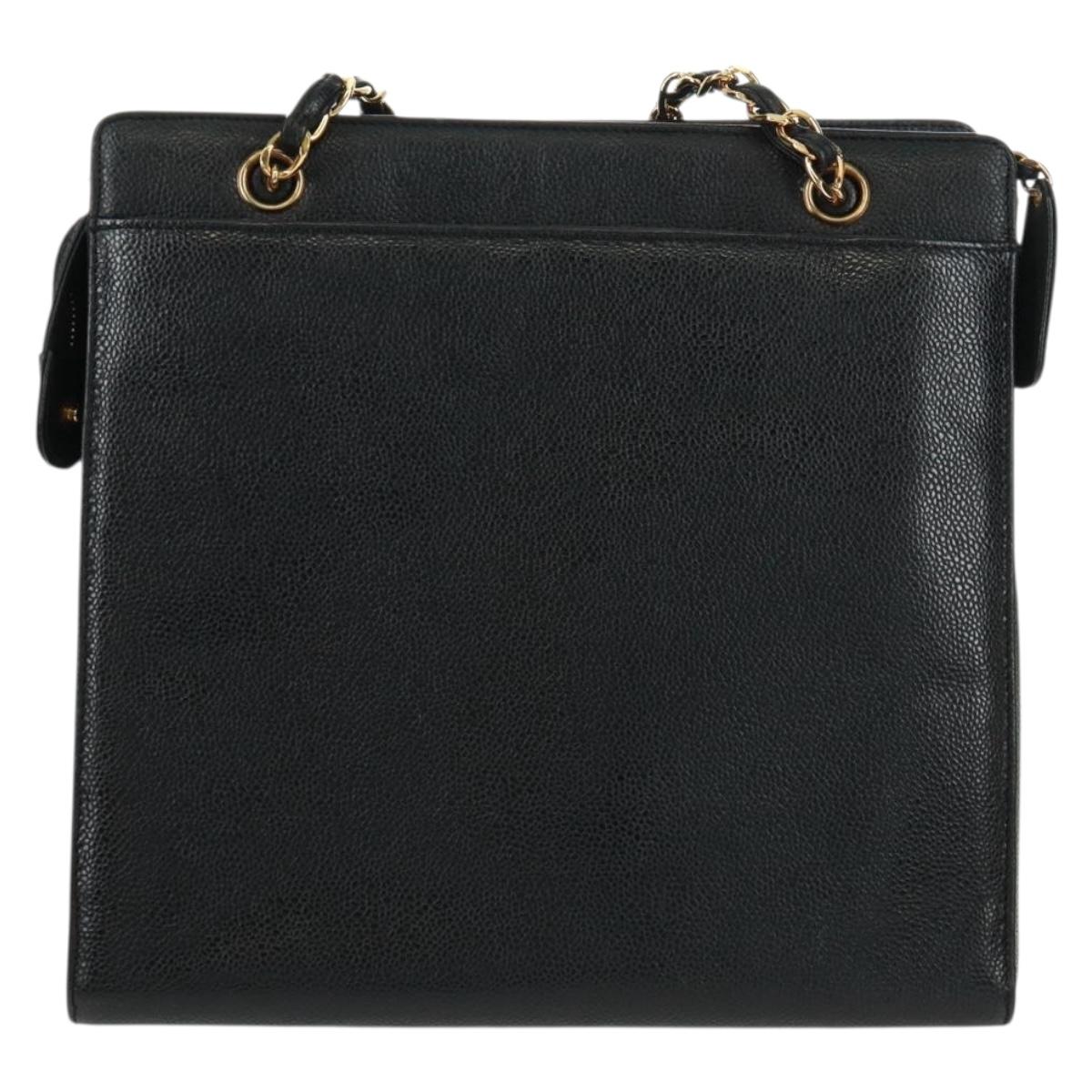 CHANEL Chain Shoulder Bag Caviar Skin Black Gold CC Auth 165539V