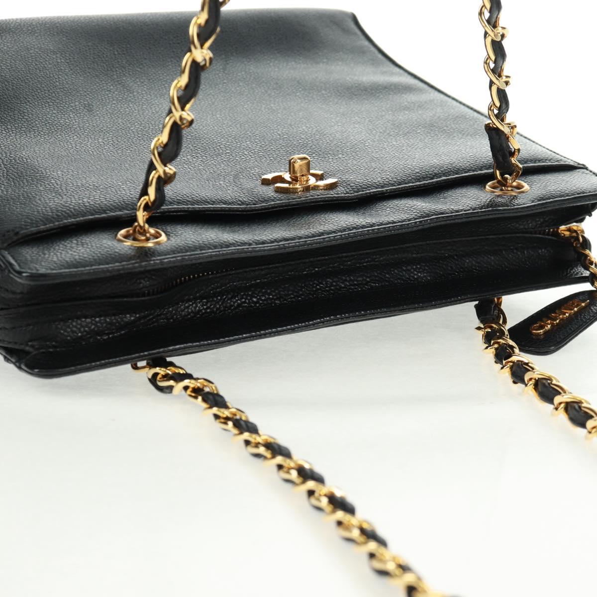 CHANEL Chain Shoulder Bag Caviar Skin Black Gold CC Auth 165539V