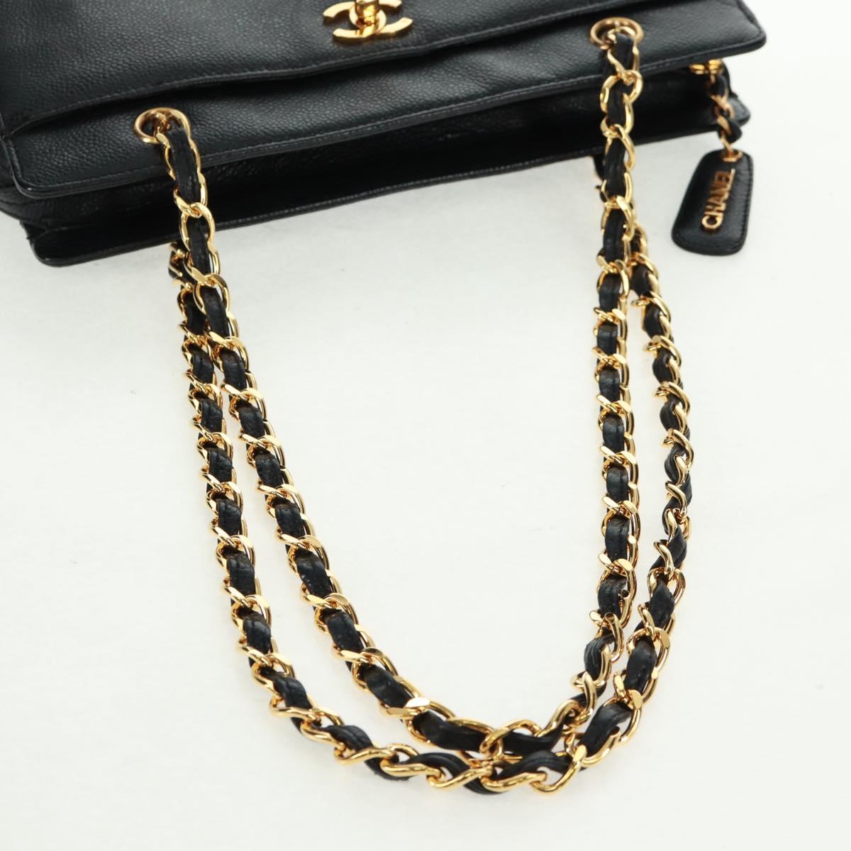 CHANEL Chain Shoulder Bag Caviar Skin Black Gold CC Auth 165539V