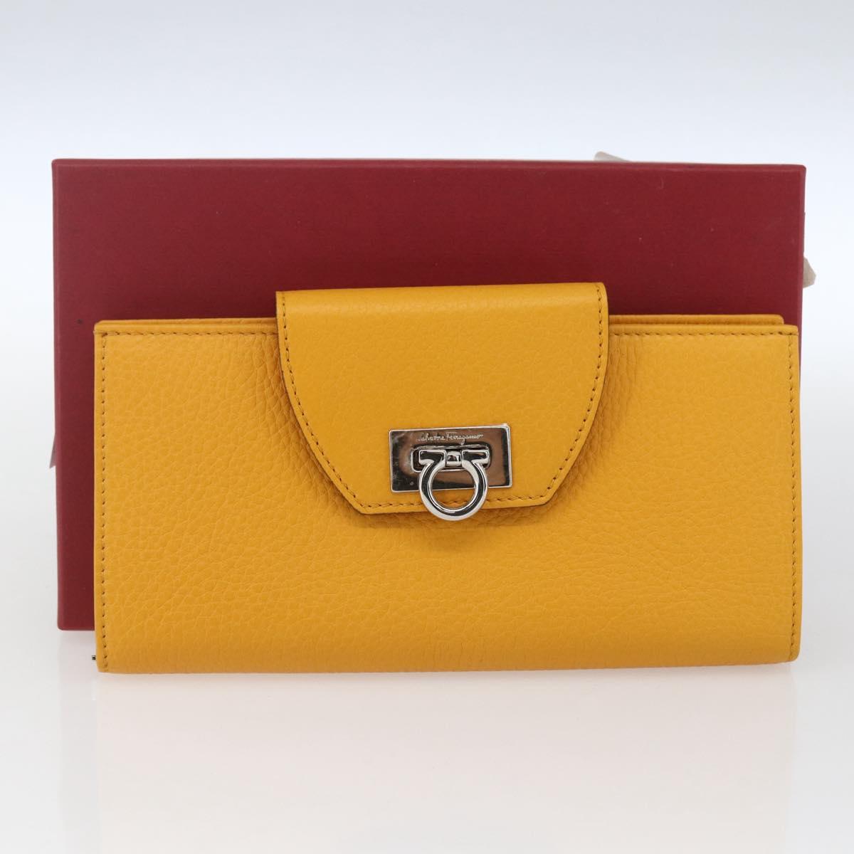 Salvatore Ferragamo Gancini Long Wallet Leather Yellow Silver Auth 165569