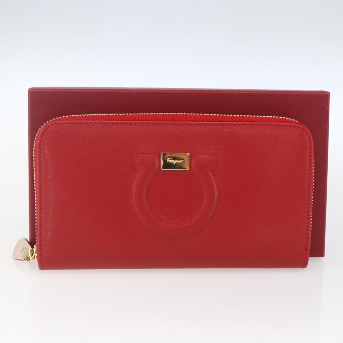 Salvatore Ferragamo Gancini Long Wallet Leather Red Gold Auth 165570