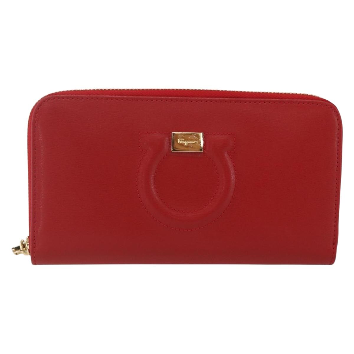 Salvatore Ferragamo Gancini Long Wallet Leather Red Gold Auth 165570