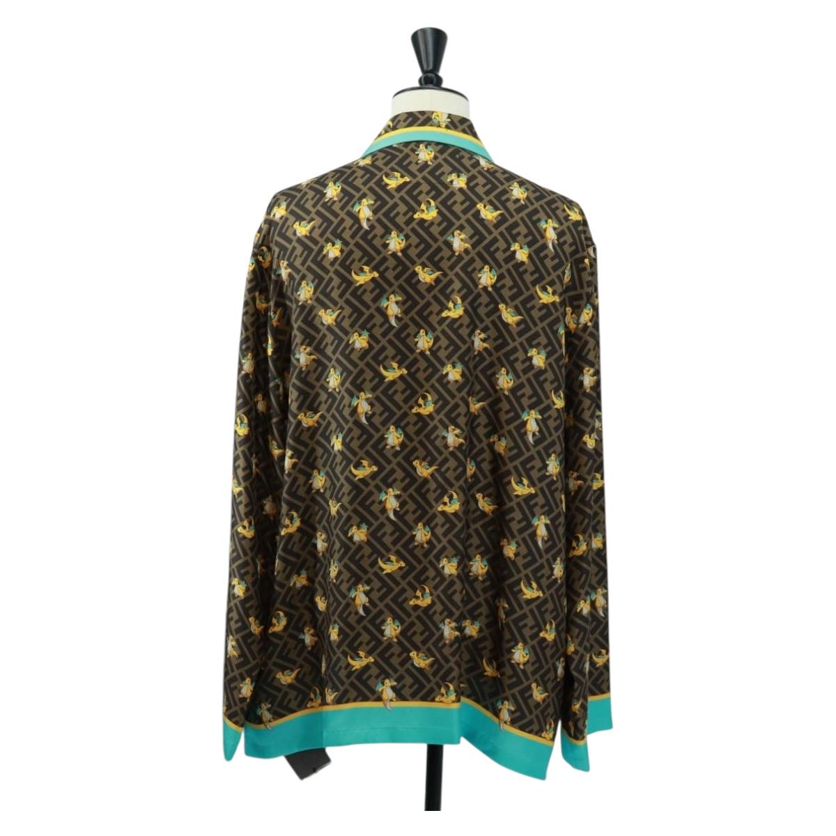FENDI Zucca Canvas Dragonite Shirt Silk Brown Black FS1262 Auth 165604SM