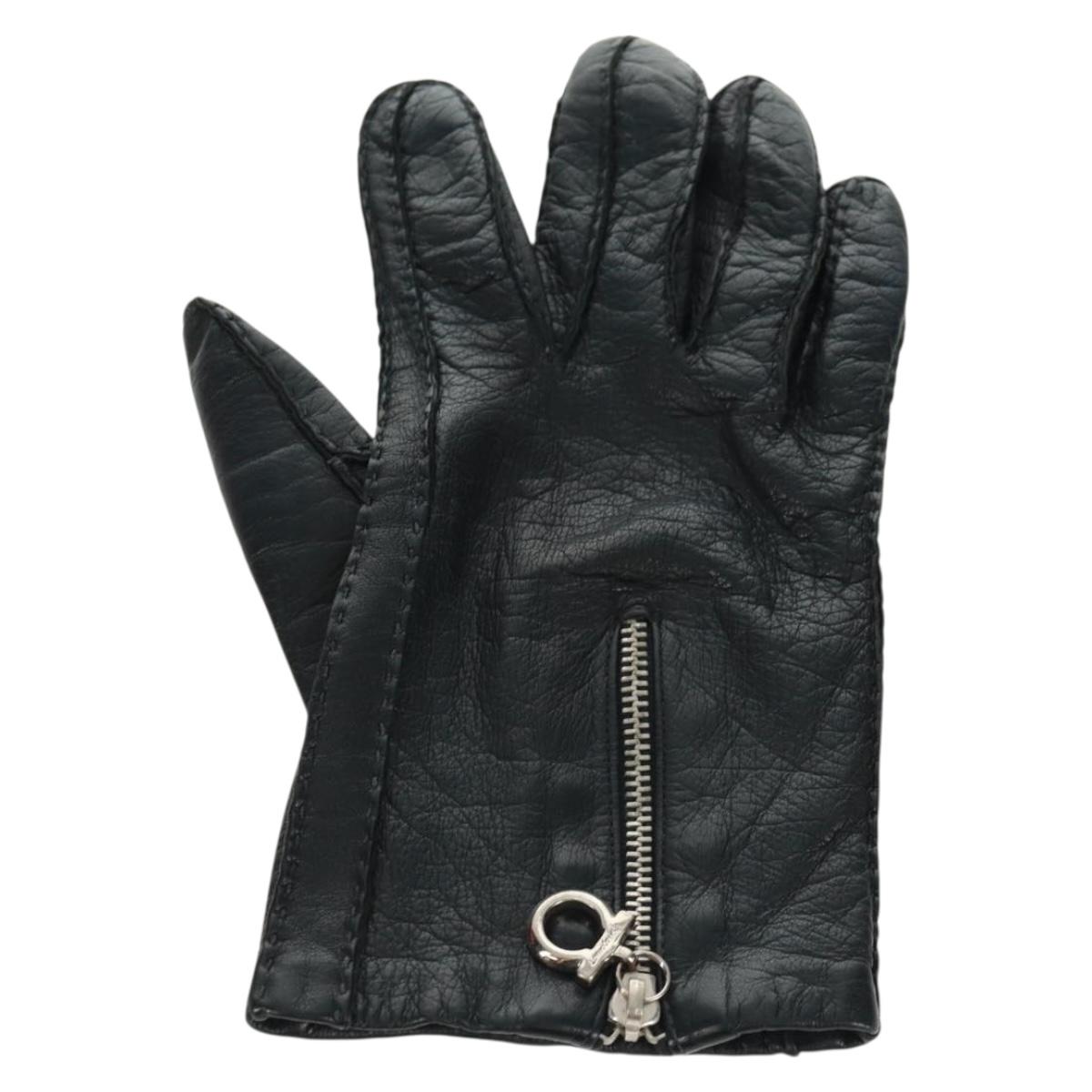Salvatore Ferragamo Gancini Gloves Leather Black Auth 165653M