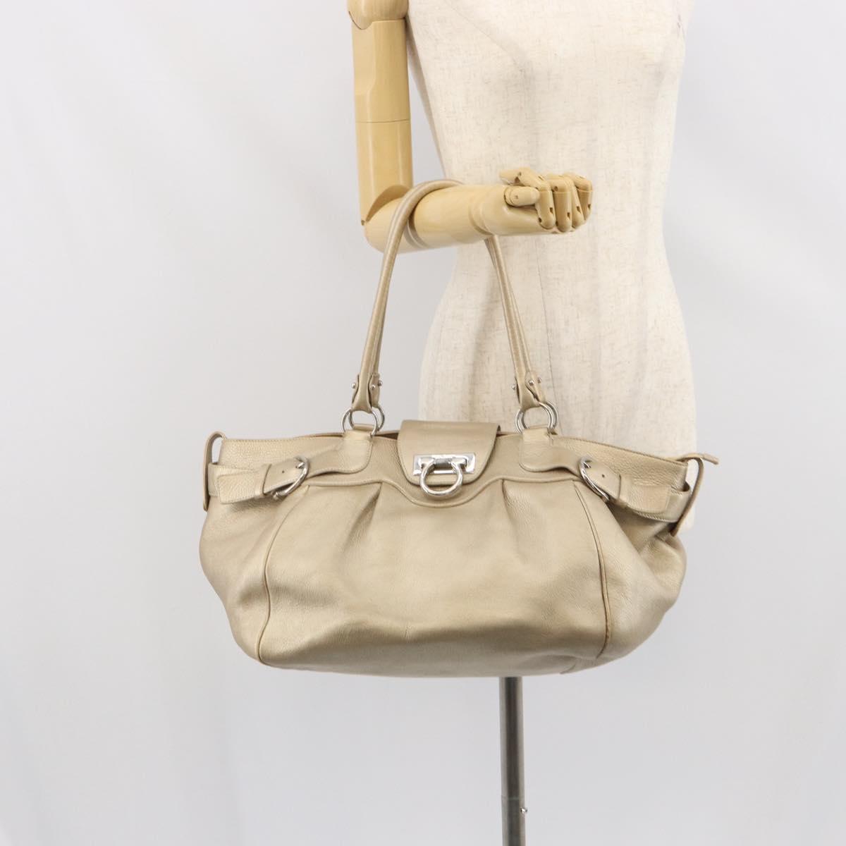 Salvatore Ferragamo Gancini Hand Bag Leather Gold Auth 165661