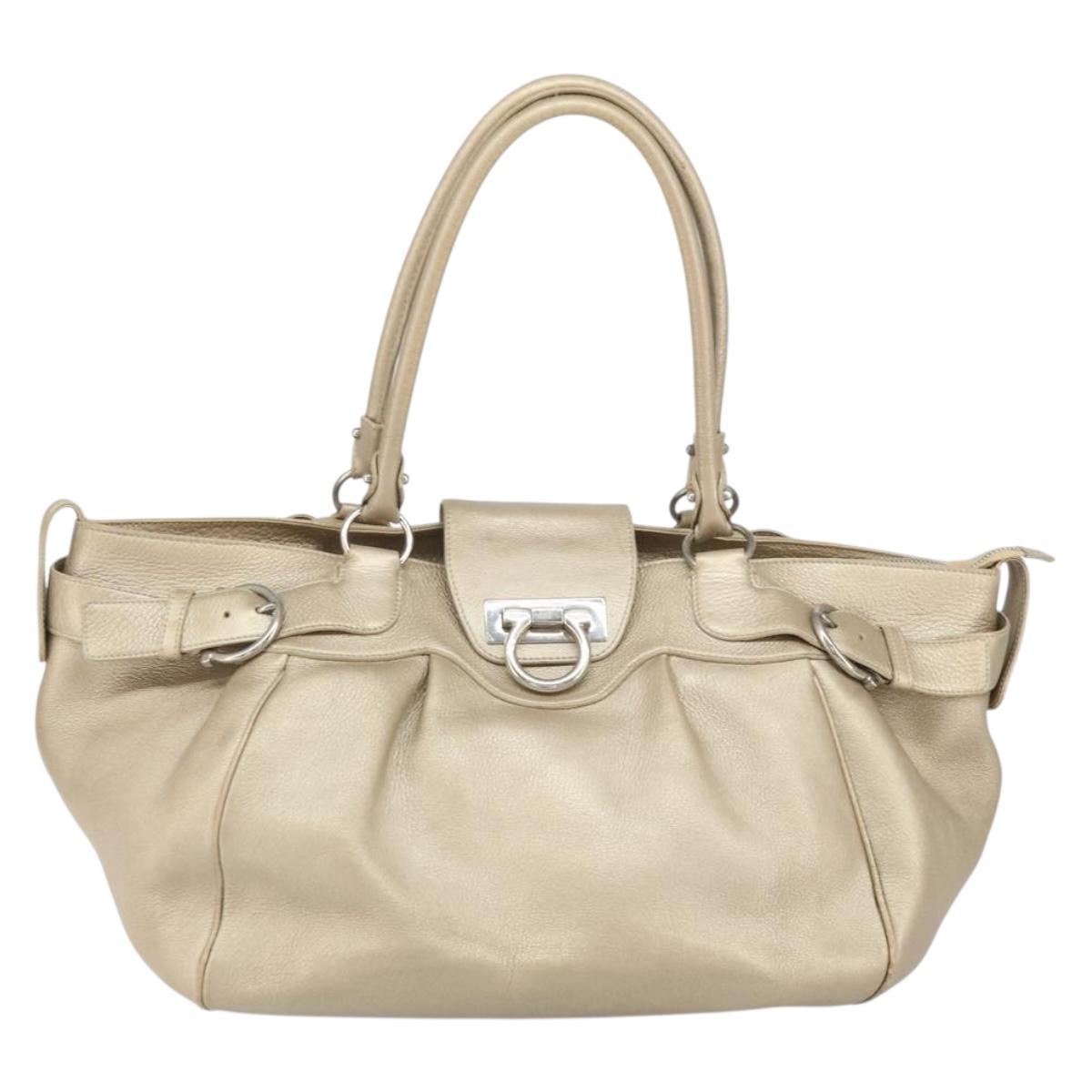 Salvatore Ferragamo Gancini Hand Bag Leather Gold Auth 165661
