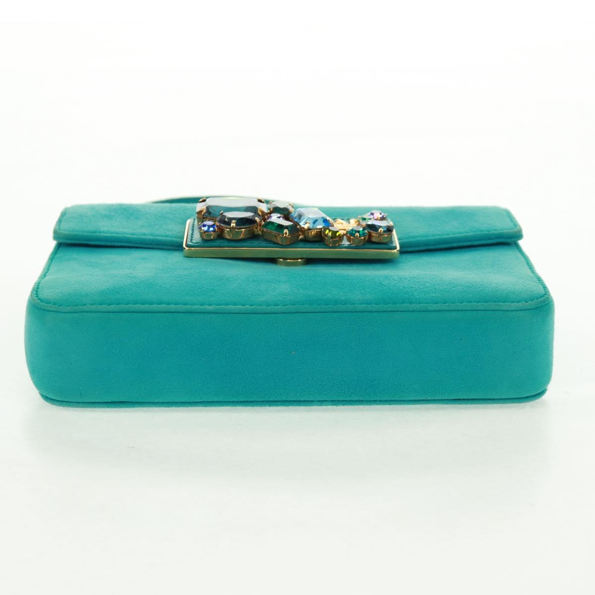 PRADA Hand Bag Suede Turquoise Blue Gold Auth 165751V