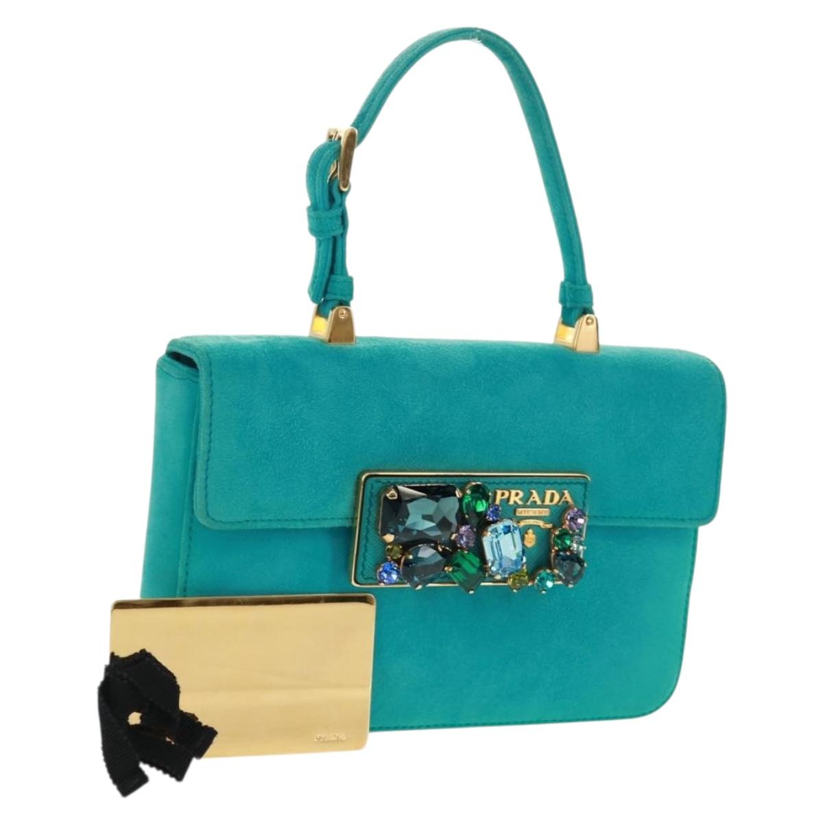 PRADA Hand Bag Suede Turquoise Blue Gold Auth 165751SAV